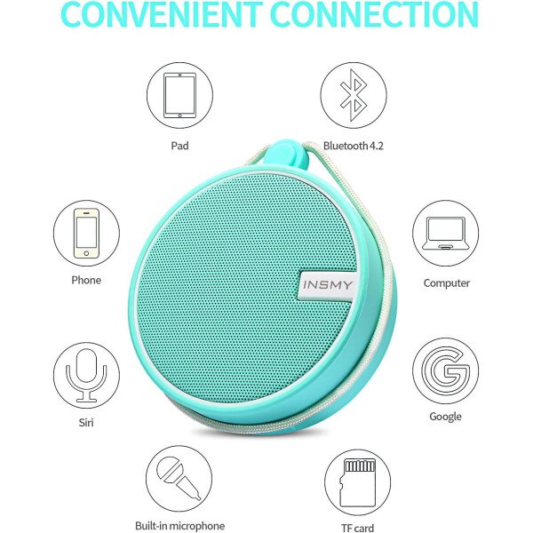 Altavoz portátil INSMY IPX7 resistente al agua con Bluetooth, inalámbrico, para exteriores y la ducha, con sonido de alta definición, tarjeta TF de soporte, ventosa, 12 horas de reproducción. Ideal para pasear en kayak, practicar canotaje o senderismo. Púrpura - Image 37