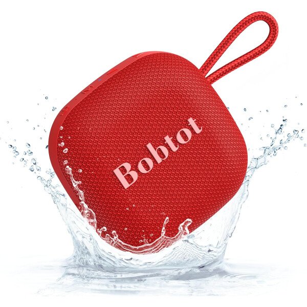 Bobtot Altavoces Bluetooth portátiles inalámbricos, IPX7 impermeable con 16 horas de reproducción, sonido estéreo fuerte, TWS, micrófono integrado, tamaño mini con cordón para llevar, rojo