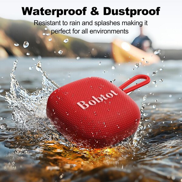 Bobtot Altavoces Bluetooth portátiles inalámbricos, IPX7 impermeable con 16 horas de reproducción, sonido estéreo fuerte, TWS, micrófono integrado, tamaño mini con cordón para llevar, rojo - Imagen 4