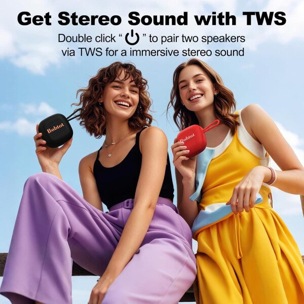 Bobtot Altavoces Bluetooth portátiles inalámbricos, IPX7 impermeable con 16 horas de reproducción, sonido estéreo fuerte, TWS, micrófono integrado, tamaño mini con cordón para llevar, rojo - Imagen 6