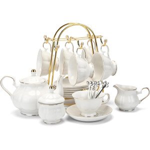 CHENP.HMC Juego de té de 22 piezas de porcelana de cerámica para café, té, tazas y platillos servicio para 6 teteras, jarras y cucharaditas (blanco3)