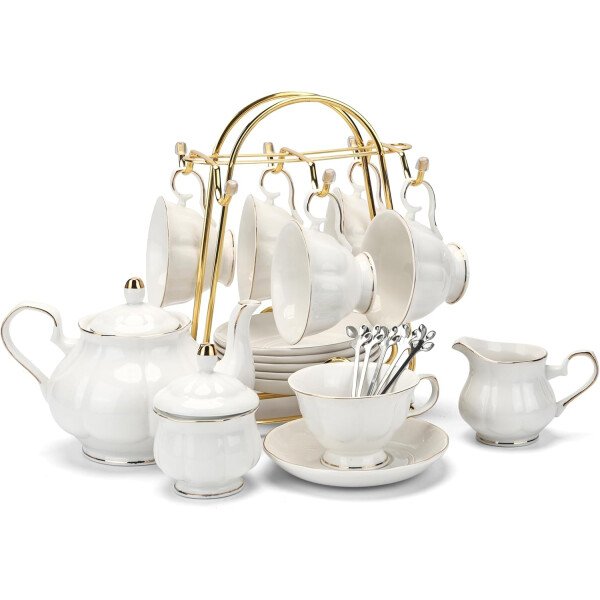 CHENP.HMC Juego de té de 22 piezas de porcelana de cerámica para café, té, tazas y platillos servicio para 6 teteras, jarras y cucharaditas (blanco3)