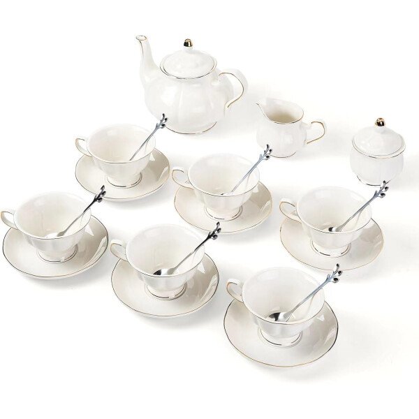 CHENP.HMC Juego de té de 22 piezas de porcelana de cerámica para café, té, tazas y platillos servicio para 6 teteras, jarras y cucharaditas (blanco3) - Imagen 2