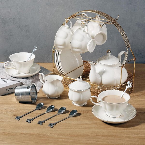 CHENP.HMC Juego de té de 22 piezas de porcelana de cerámica para café, té, tazas y platillos servicio para 6 teteras, jarras y cucharaditas (blanco3) - Imagen 3
