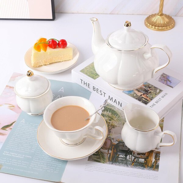 CHENP.HMC Juego de té de 22 piezas de porcelana de cerámica para café, té, tazas y platillos servicio para 6 teteras, jarras y cucharaditas (blanco3) - Imagen 5