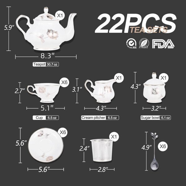 CHENP.HMC Juego de té de 22 piezas de porcelana de cerámica para café, té, tazas y platillos servicio para 6 teteras, jarras y cucharaditas (blanco3) - Imagen 9