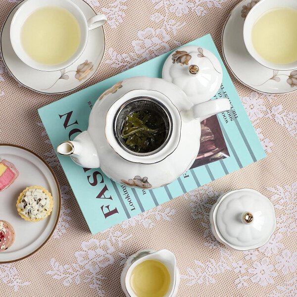 CHENP.HMC Juego de té de 22 piezas de porcelana de cerámica para café, té, tazas y platillos servicio para 6 teteras, jarras y cucharaditas (blanco3) - Imagen 12