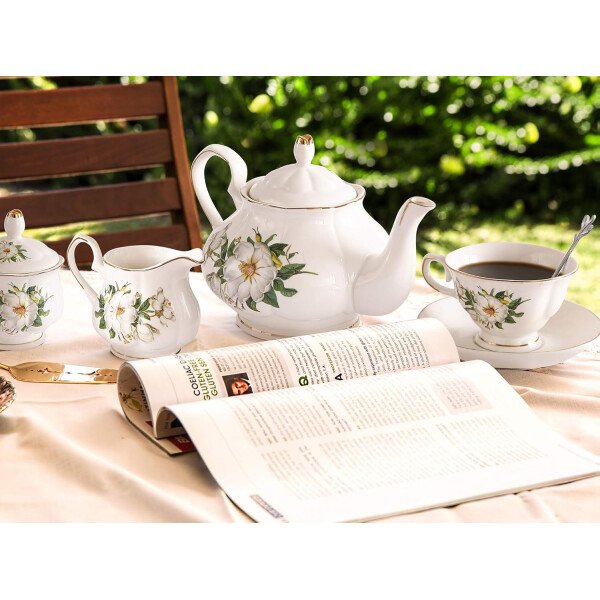 CHENP.HMC Juego de té de 22 piezas de porcelana de cerámica para café, té, tazas y platillos servicio para 6 teteras, jarras y cucharaditas (blanco3) - Imagen 18