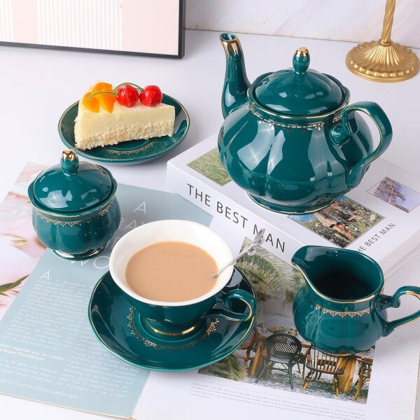 CHENP.HMC Juego de té de 22 piezas de porcelana de cerámica para café, té, tazas y platillos servicio para 6 teteras, jarras y cucharaditas (blanco3) - Imagen 28