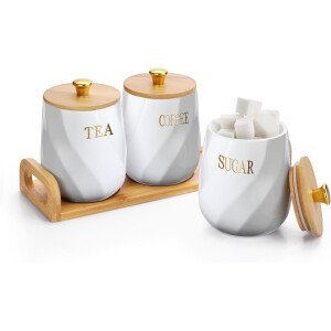 JUXYES Juego de 3 recipientes de cerámica para azúcar, café, té con bandeja de asa, juegos de contenedores de almacenamiento lujosos con tapas, macetas de almacenamiento decorativas de cerámica blanca