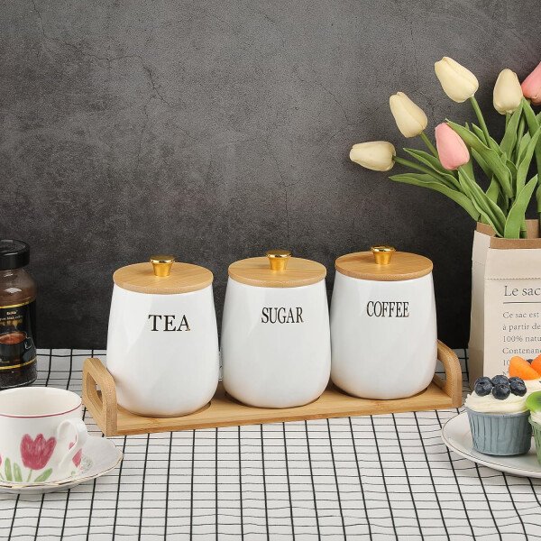 JUXYES Juego de 3 recipientes de cerámica para azúcar, café, té con bandeja de asa, juegos de contenedores de almacenamiento lujosos con tapas, macetas de almacenamiento decorativas de cerámica blanca - Image 5
