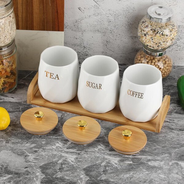 JUXYES Juego de 3 recipientes de cerámica para azúcar, café, té con bandeja de asa, juegos de contenedores de almacenamiento lujosos con tapas, macetas de almacenamiento decorativas de cerámica blanca - Image 8