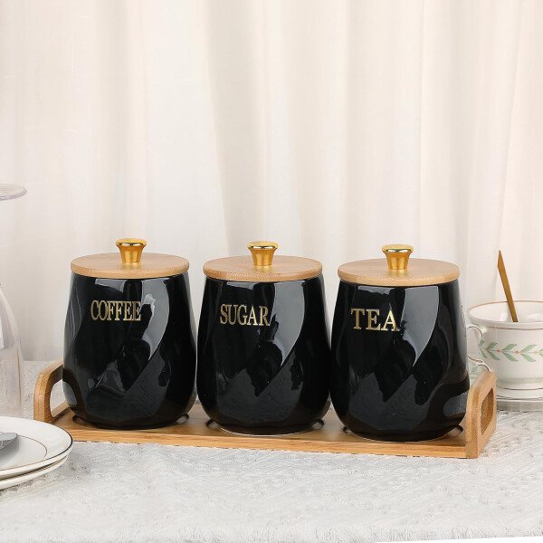 JUXYES Juego de 3 recipientes de cerámica para azúcar, café, té con bandeja de asa, juegos de contenedores de almacenamiento lujosos con tapas, macetas de almacenamiento decorativas de cerámica blanca - Image 14