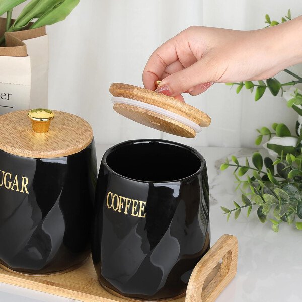 JUXYES Juego de 3 recipientes de cerámica para azúcar, café, té con bandeja de asa, juegos de contenedores de almacenamiento lujosos con tapas, macetas de almacenamiento decorativas de cerámica blanca - Image 15
