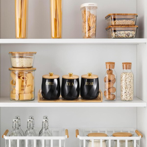 JUXYES Juego de 3 recipientes de cerámica para azúcar, café, té con bandeja de asa, juegos de contenedores de almacenamiento lujosos con tapas, macetas de almacenamiento decorativas de cerámica blanca - Image 18