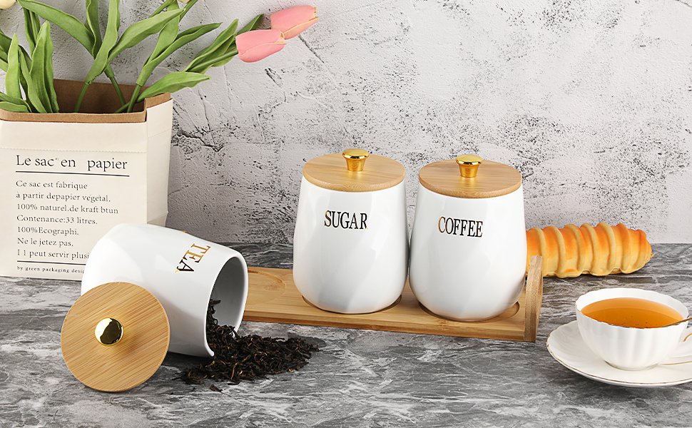 Juego de 3 recipientes de cerámica para azúcar, café, té con asa