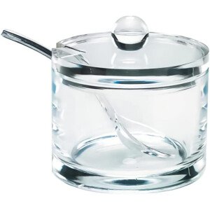 J&M DESIGN Azucarero de acrílico transparente con tapa y cuchara para accesorios de cafetería, cuencos de cereales, té, recipientes de encimera de cocina y hornear, dispensador de tarros de 8 onzas,