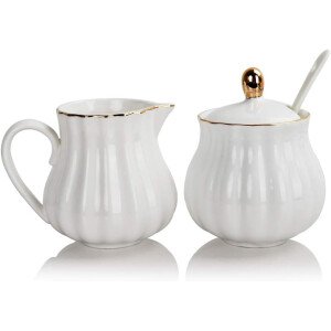 Sweejar Royal Ceramic - Juego de azúcar y crema de cerámica, juego de 3 piezas con jarra de crema, azucarero, juego de azúcar con tapa y cuchara, juego de servicio de café, regalo de boda (blanco)