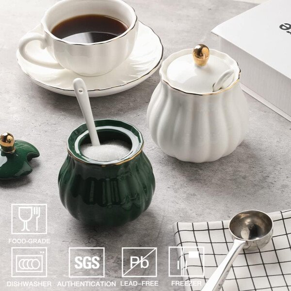 Sweejar Royal Ceramic - Juego de azúcar y crema de cerámica, juego de 3 piezas con jarra de crema, azucarero, juego de azúcar con tapa y cuchara, juego de servicio de café, regalo de boda (blanco) - Image 7