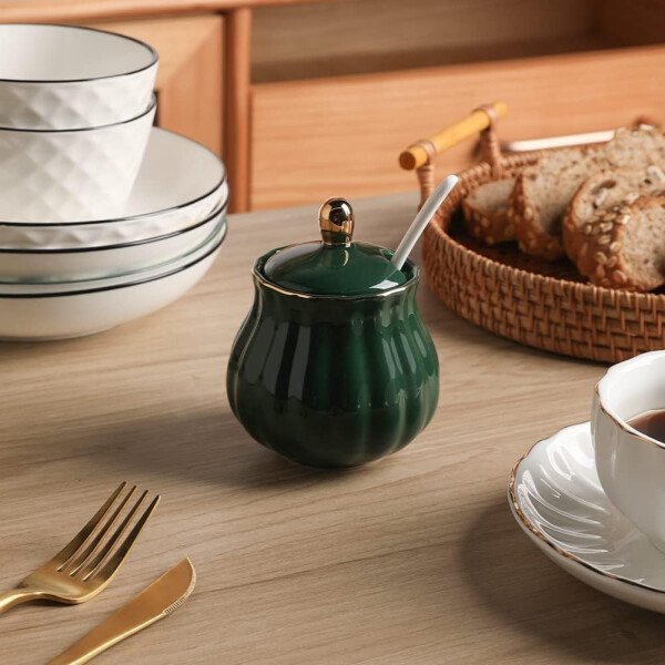 Sweejar Royal Ceramic - Juego de azúcar y crema de cerámica, juego de 3 piezas con jarra de crema, azucarero, juego de azúcar con tapa y cuchara, juego de servicio de café, regalo de boda (blanco) - Image 8