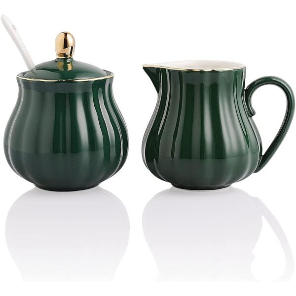 Sweejar Royal Ceramic - Juego de azúcar y crema de cerámica, juego de 3 piezas con jarra de crema, azucarero, juego de azúcar con tapa y cuchara, juego de servicio de café, regalo de boda (blanco) - Image 12