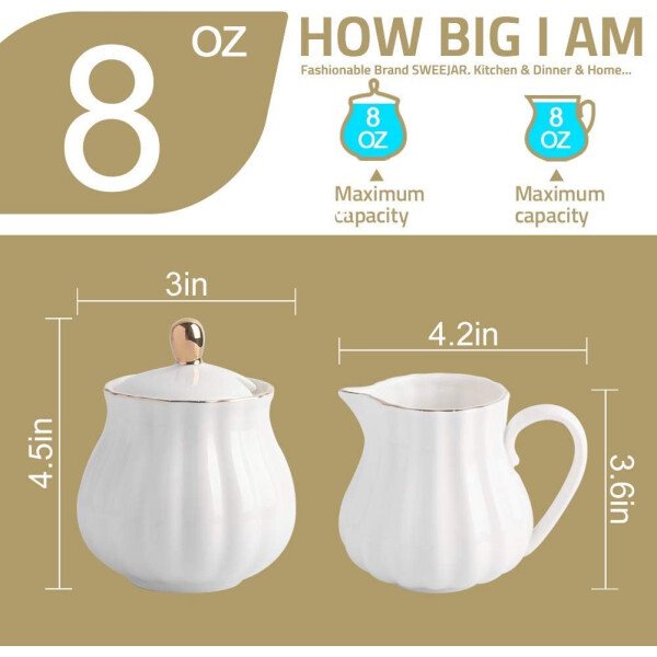 Sweejar Royal Ceramic - Juego de azúcar y crema de cerámica, juego de 3 piezas con jarra de crema, azucarero, juego de azúcar con tapa y cuchara, juego de servicio de café, regalo de boda (blanco) - Image 13