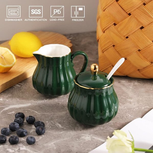Sweejar Royal Ceramic - Juego de azúcar y crema de cerámica, juego de 3 piezas con jarra de crema, azucarero, juego de azúcar con tapa y cuchara, juego de servicio de café, regalo de boda (blanco) - Image 14