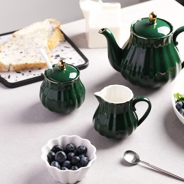 Sweejar Royal Ceramic - Juego de azúcar y crema de cerámica, juego de 3 piezas con jarra de crema, azucarero, juego de azúcar con tapa y cuchara, juego de servicio de café, regalo de boda (blanco) - Image 15