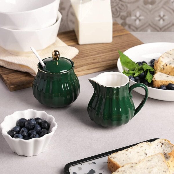 Sweejar Royal Ceramic - Juego de azúcar y crema de cerámica, juego de 3 piezas con jarra de crema, azucarero, juego de azúcar con tapa y cuchara, juego de servicio de café, regalo de boda (blanco) - Image 16