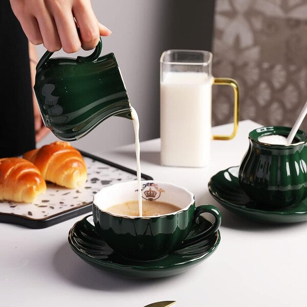Sweejar Royal Ceramic - Juego de azúcar y crema de cerámica, juego de 3 piezas con jarra de crema, azucarero, juego de azúcar con tapa y cuchara, juego de servicio de café, regalo de boda (blanco) - Image 17