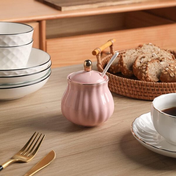 Sweejar Royal Ceramic - Juego de azúcar y crema de cerámica, juego de 3 piezas con jarra de crema, azucarero, juego de azúcar con tapa y cuchara, juego de servicio de café, regalo de boda (blanco) - Image 20