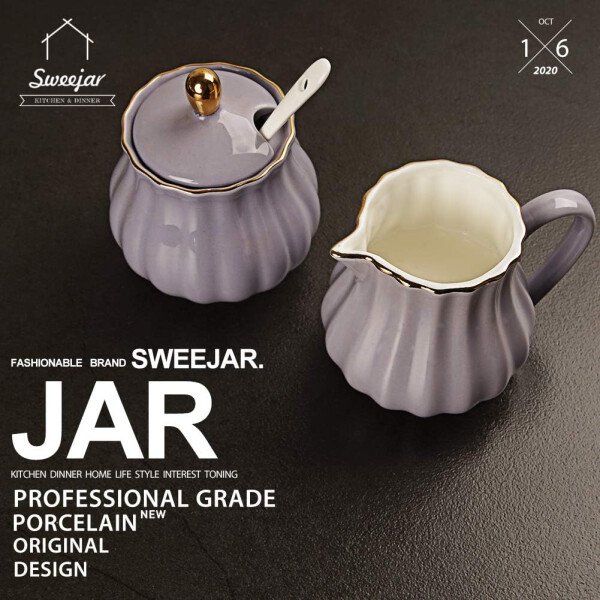 Sweejar Royal Ceramic - Juego de azúcar y crema de cerámica, juego de 3 piezas con jarra de crema, azucarero, juego de azúcar con tapa y cuchara, juego de servicio de café, regalo de boda (blanco) - Image 23