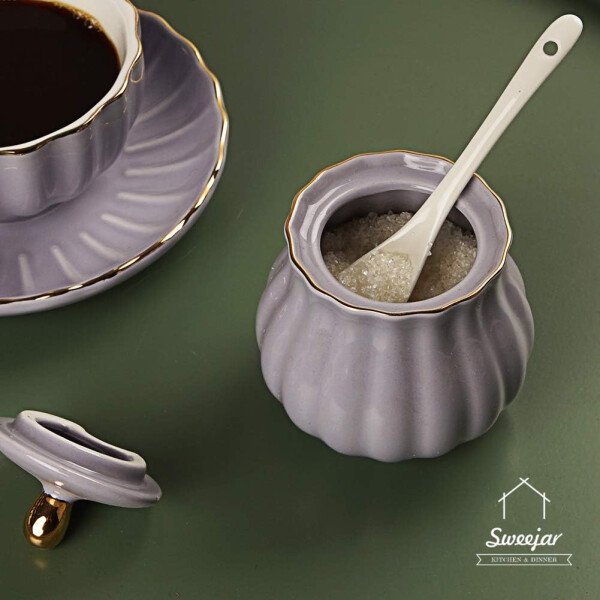 Sweejar Royal Ceramic - Juego de azúcar y crema de cerámica, juego de 3 piezas con jarra de crema, azucarero, juego de azúcar con tapa y cuchara, juego de servicio de café, regalo de boda (blanco) - Image 25