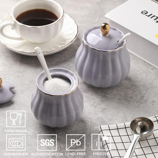 Sweejar Royal Ceramic - Juego de azúcar y crema de cerámica, juego de 3 piezas con jarra de crema, azucarero, juego de azúcar con tapa y cuchara, juego de servicio de café, regalo de boda (blanco) - Image 27