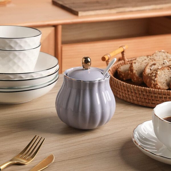 Sweejar Royal Ceramic - Juego de azúcar y crema de cerámica, juego de 3 piezas con jarra de crema, azucarero, juego de azúcar con tapa y cuchara, juego de servicio de café, regalo de boda (blanco) - Image 28