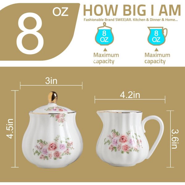 Sweejar Royal Ceramic - Juego de azúcar y crema de cerámica, juego de 3 piezas con jarra de crema, azucarero, juego de azúcar con tapa y cuchara, juego de servicio de café, regalo de boda (blanco) - Image 33