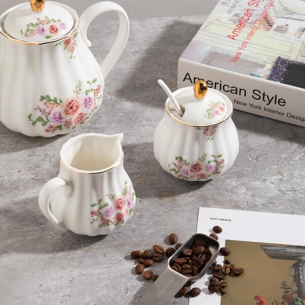 Sweejar Royal Ceramic - Juego de azúcar y crema de cerámica, juego de 3 piezas con jarra de crema, azucarero, juego de azúcar con tapa y cuchara, juego de servicio de café, regalo de boda (blanco) - Image 34