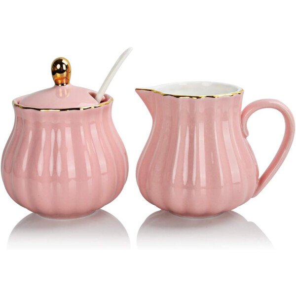 Sweejar Royal Ceramic - Juego de azúcar y crema de cerámica, juego de 3 piezas con jarra de crema, azucarero, juego de azúcar con tapa y cuchara, juego de servicio de café, regalo de boda (blanco) - Image 36