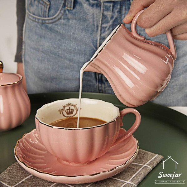 Sweejar Royal Ceramic - Juego de azúcar y crema de cerámica, juego de 3 piezas con jarra de crema, azucarero, juego de azúcar con tapa y cuchara, juego de servicio de café, regalo de boda (blanco) - Image 38