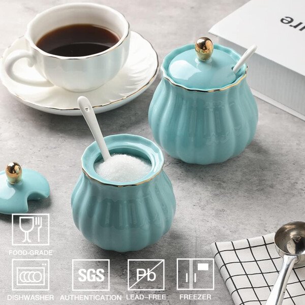 Sweejar Royal Ceramic - Juego de azúcar y crema de cerámica, juego de 3 piezas con jarra de crema, azucarero, juego de azúcar con tapa y cuchara, juego de servicio de café, regalo de boda (blanco) - Image 41