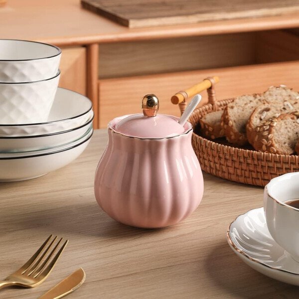 Sweejar Royal Ceramic - Juego de azúcar y crema de cerámica, juego de 3 piezas con jarra de crema, azucarero, juego de azúcar con tapa y cuchara, juego de servicio de café, regalo de boda (blanco) - Image 45