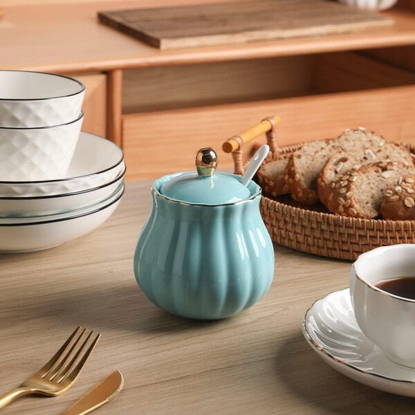 Sweejar Royal Ceramic - Juego de azúcar y crema de cerámica, juego de 3 piezas con jarra de crema, azucarero, juego de azúcar con tapa y cuchara, juego de servicio de café, regalo de boda (blanco) - Image 49