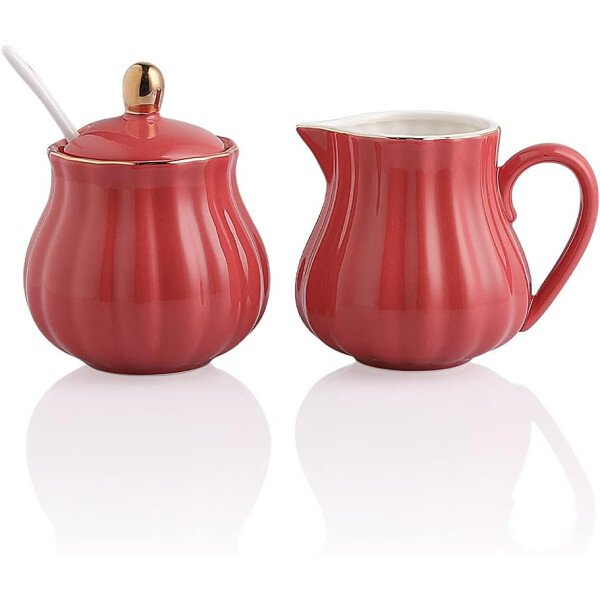 Sweejar Royal Ceramic - Juego de azúcar y crema de cerámica, juego de 3 piezas con jarra de crema, azucarero, juego de azúcar con tapa y cuchara, juego de servicio de café, regalo de boda (blanco) - Image 51