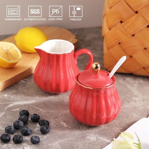 Sweejar Royal Ceramic - Juego de azúcar y crema de cerámica, juego de 3 piezas con jarra de crema, azucarero, juego de azúcar con tapa y cuchara, juego de servicio de café, regalo de boda (blanco) - Image 52