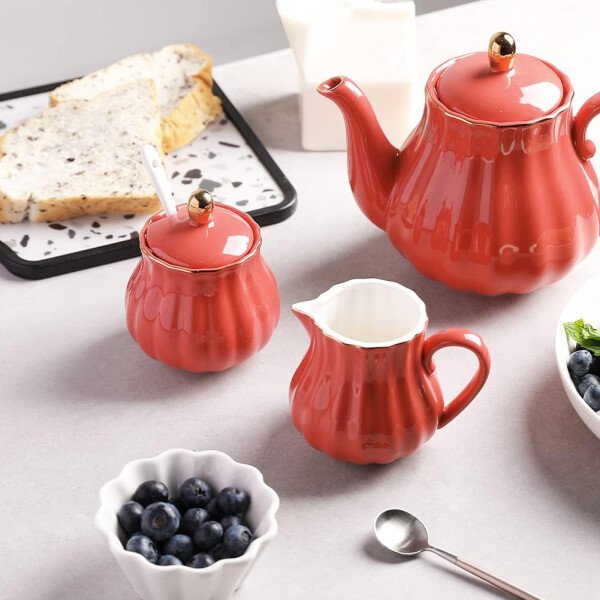 Sweejar Royal Ceramic - Juego de azúcar y crema de cerámica, juego de 3 piezas con jarra de crema, azucarero, juego de azúcar con tapa y cuchara, juego de servicio de café, regalo de boda (blanco) - Image 53
