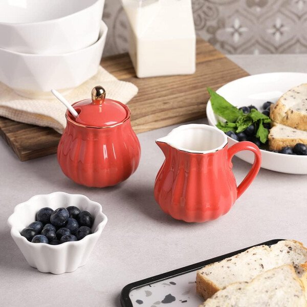Sweejar Royal Ceramic - Juego de azúcar y crema de cerámica, juego de 3 piezas con jarra de crema, azucarero, juego de azúcar con tapa y cuchara, juego de servicio de café, regalo de boda (blanco) - Image 54
