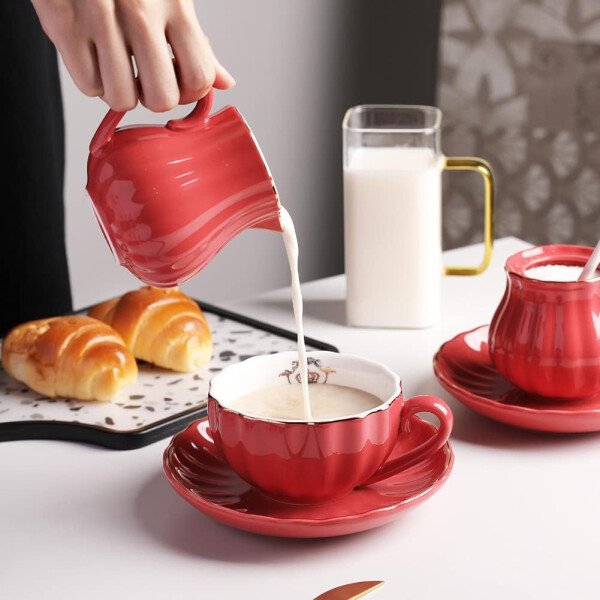 Sweejar Royal Ceramic - Juego de azúcar y crema de cerámica, juego de 3 piezas con jarra de crema, azucarero, juego de azúcar con tapa y cuchara, juego de servicio de café, regalo de boda (blanco) - Image 55