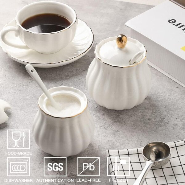 Sweejar Royal Ceramic - Juego de azúcar y crema de cerámica, juego de 3 piezas con jarra de crema, azucarero, juego de azúcar con tapa y cuchara, juego de servicio de café, regalo de boda (blanco) - Image 60