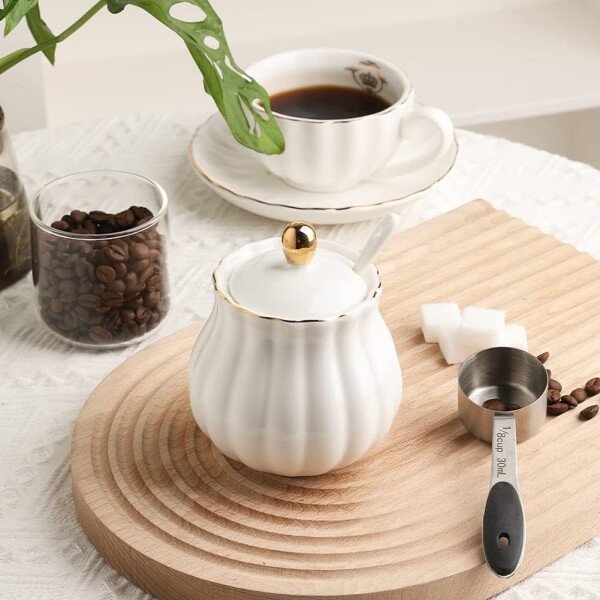 Sweejar Royal Ceramic - Juego de azúcar y crema de cerámica, juego de 3 piezas con jarra de crema, azucarero, juego de azúcar con tapa y cuchara, juego de servicio de café, regalo de boda (blanco) - Image 62