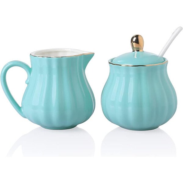 Sweejar Royal Ceramic - Juego de azúcar y crema de cerámica, juego de 3 piezas con jarra de crema, azucarero, juego de azúcar con tapa y cuchara, juego de servicio de café, regalo de boda (blanco) - Image 63